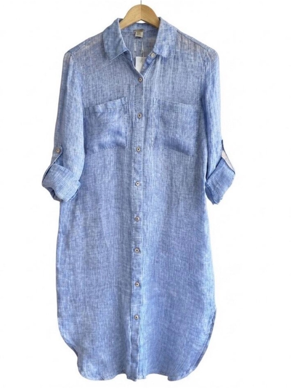 Magaschoni NWT 100% Linen Shirt Dress Blue White Collared Roll Tab Button Up S